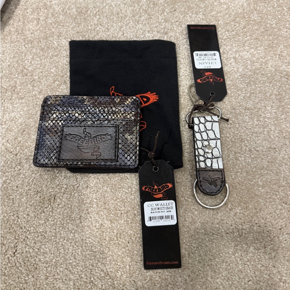 New Freebird wallet in Blue Multi Snake and keychain in White Croco